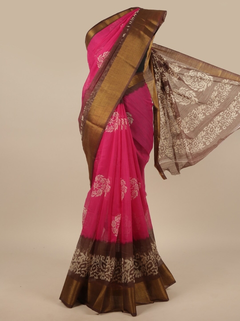 

Pothys Pink & Brown Cotton Blend Floral Saree