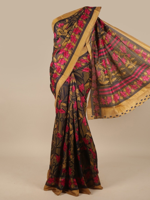 

Pothys Navy Blue & Pink Floral Jute Silk Saree