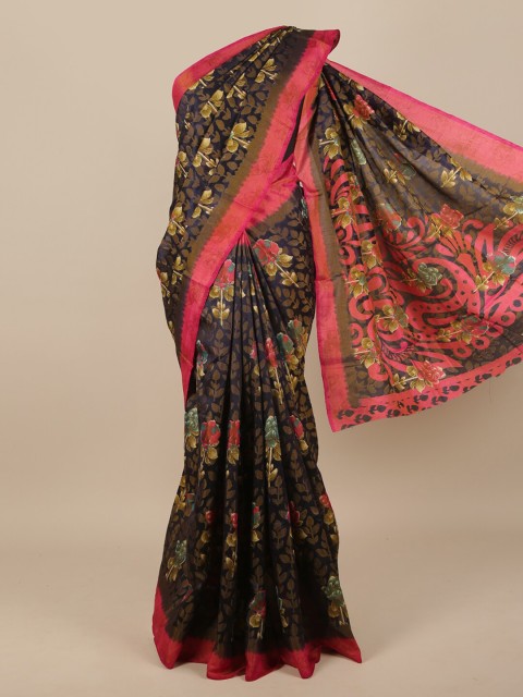 

Pothys Navy Blue & Pink Floral Printed Jute Silk Saree