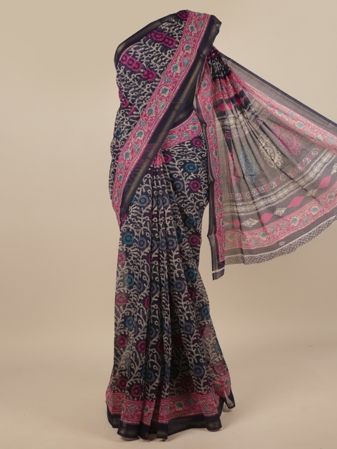 

Pothys Navy Blue & Pink Cotton Blend Floral Saree