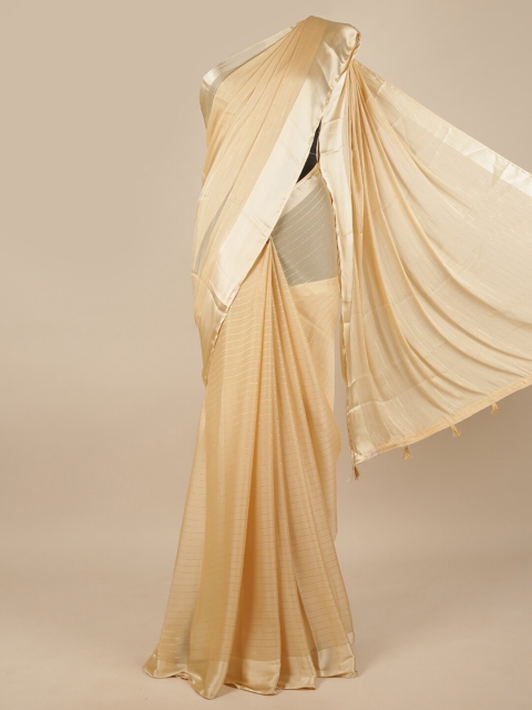 

Pothys Cream-Coloured & Gold-Toned Striped Saree