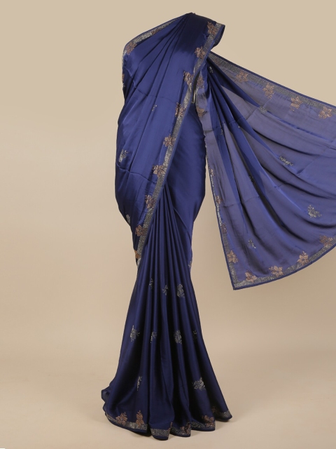 

Pothys Blue & Silver-Toned Floral Satin Saree