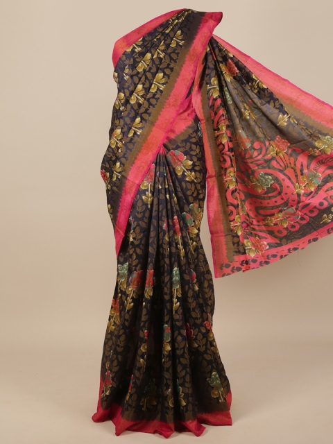 

Pothys Navy Blue & Pink Floral Jute Silk Saree