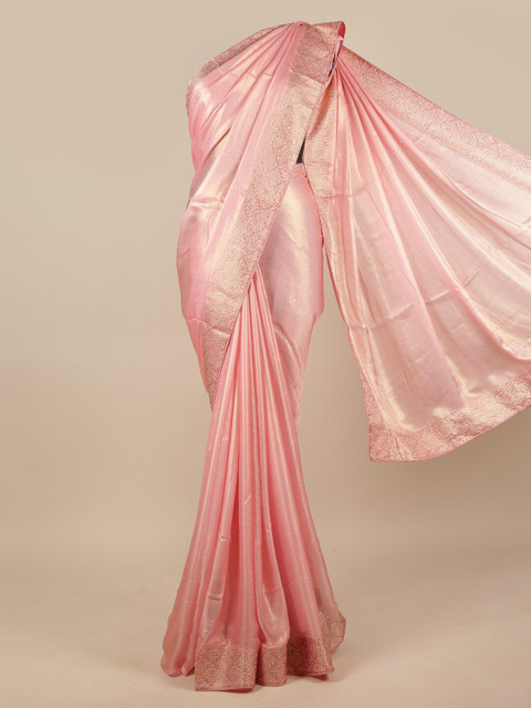

Pothys Pink & Silver-Toned Poly Chiffon Beads and Stones Saree