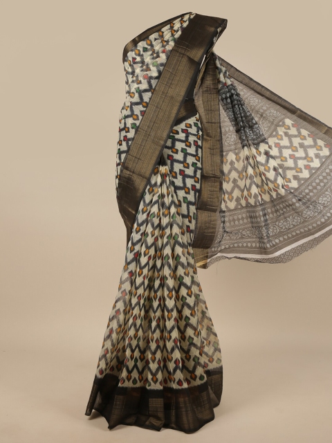 

Pothys Cream-Coloured & Navy Blue Cotton Blend Saree