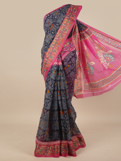 

Pothys Navy Blue & Pink Floral Cotton Blend Saree