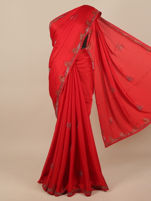 

Pothys Red & Silver-Toned Floral Zari Satin Saree