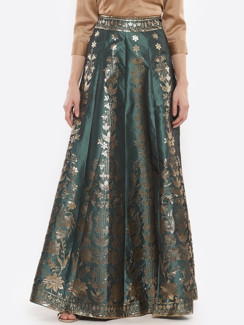 

Luni Women Green & Gold-Coloured Zari Jacquard Maxi Flared Skirt