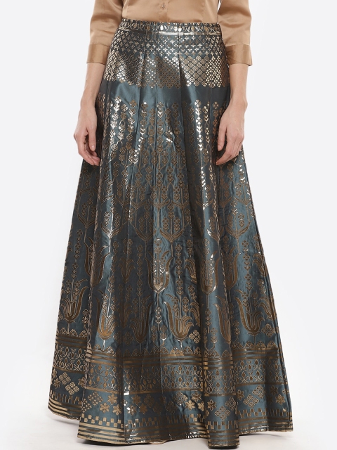 

Luni Women Teal Green & Gold Printed Jacquard Flared Maxi-Skirt