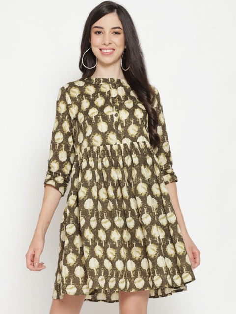 

Luni Olive Green Mandarin Collar Printed Tunic