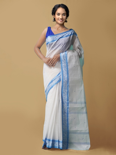 

Unnati Silks Women White & Blue Pure Handloom Bengal Tant Cotton Sustainable Saree