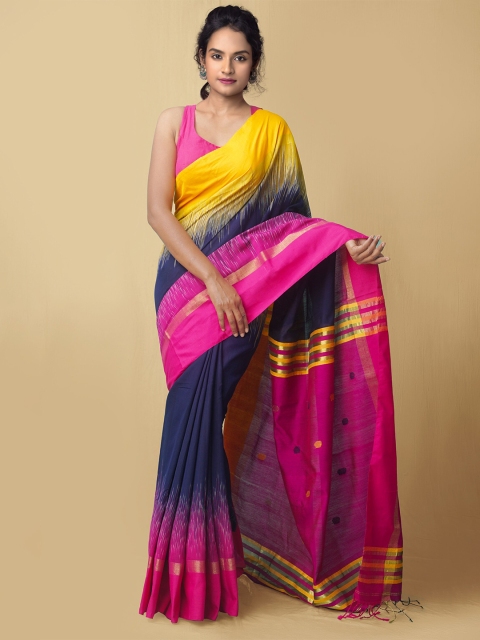 

Unnati Silks Navy Blue & Yellow Woven Design Pure Linen Jamdani Saree