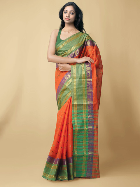 

Unnati Silks Orange & Green Woven Design Pure Cotton Taant Saree