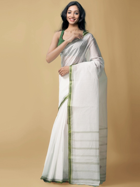 

Unnati Silks Women Cream-Coloured & Green Pure Handloom Bengal Tant Cotton Sustainable Saree