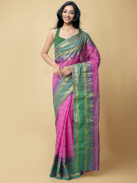 

Unnati Silks Pink & Green Woven Design Pure Cotton Taant Saree