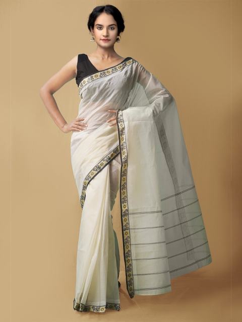 

Unnati Silks Cream-Coloured & Black Pure Cotton Taant Saree