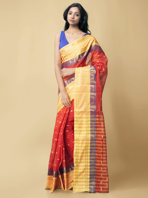 

Unnati Silks Red & Yellow Woven Design Zari Pure Cotton Taant Saree