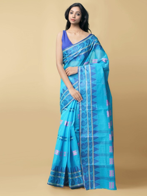 

Unnati Silks Blue & Pink Ethnic Motifs Pure Cotton Taant Saree