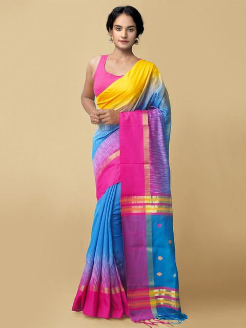 

Unnati Silks Blue & Yellow Colourblocked Zari Pure Linen Jamdani Saree