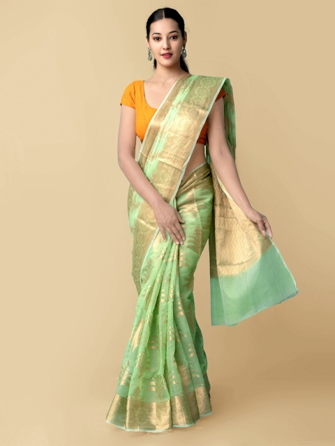 

Unnati Silks Women Green & Gold-Toned Pure Kota Banarasi Sustainable Saree