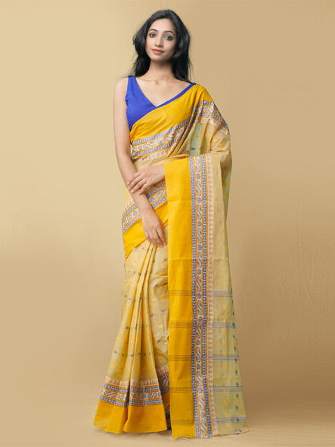 

Unnati Silks Yellow & Blue Handloom Pure Cotton Taant Saree