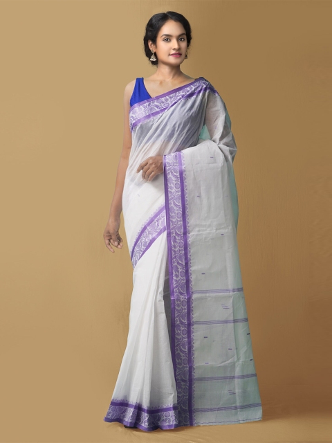 

Unnati Silks Women White & Purple Pure Handloom Bengal Tant Cotton Sustainable Saree