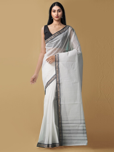 

Unnati Silks Women White & Black Pure Handloom Bengal Tant Cotton Sustainable Saree