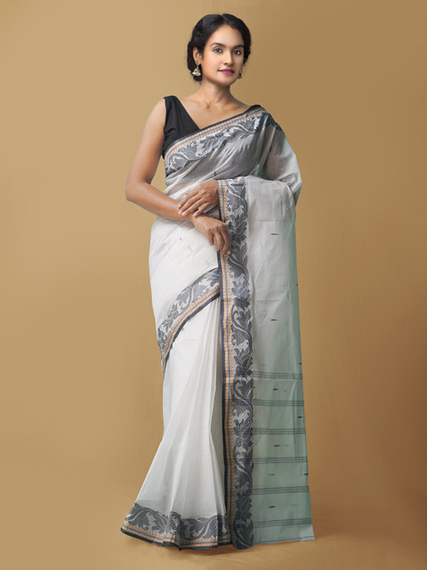 

Unnati Silks White & Black Woven Design Pure Cotton Taant Saree