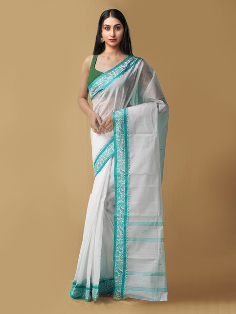 

Unnati Silks White & Green Woven Design Pure Cotton Taant Saree