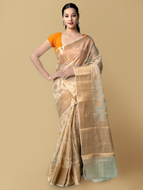 

Unnati Silks Beige & Gold-Toned Floral Zari Silk Cotton Kota Saree