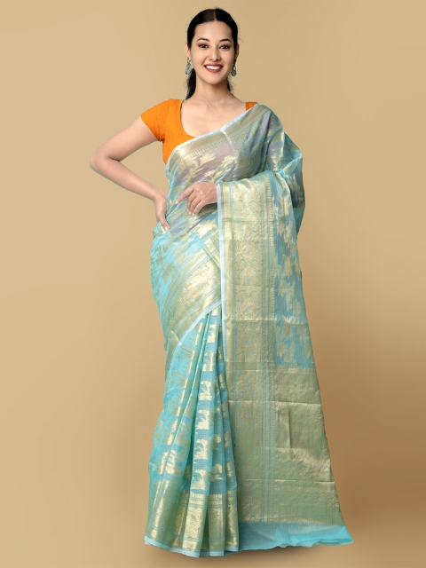 

Unnati Silks Women Turquoise Blue & Gold-Toned Pure Kota Banarasi Sustainable Saree