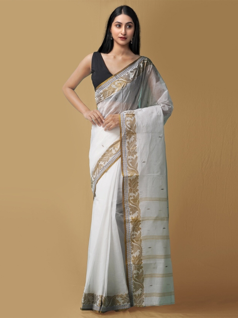 

Unnati Silks Women White & Black Pure Handloom Bengal Tant Cotton Sustainable Saree