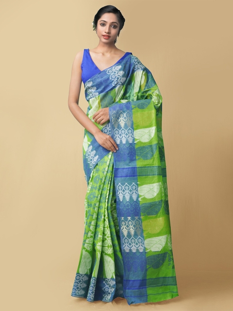 

Unnati Silks Women Green & Blue Pure Handloom Bengal Tant Cotton Sustainable Saree