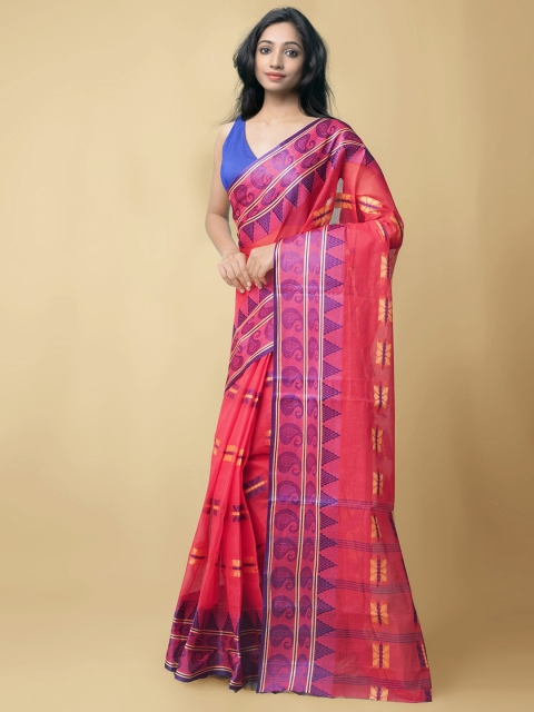 

Unnati Silks Red & Violet Woven Design Pure Cotton Taant Saree