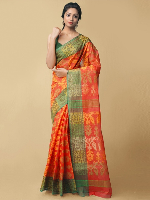 

Unnati Silks Orange & Green Woven Design Pure Cotton Taant Saree