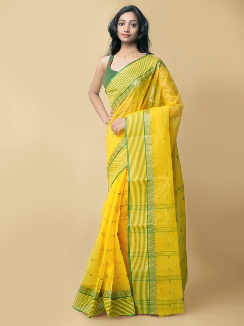 

Unnati Silks Yellow & Green Pure Cotton Taant Saree