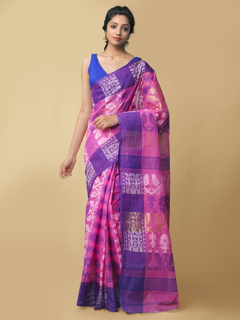 

Unnati Silks Pink & Purple Woven Design Pure Cotton Taant Saree