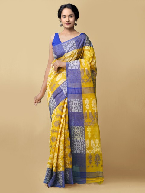 

Unnati Silks Women Yellow Printed Pure Bengal Tant Cotton Saree