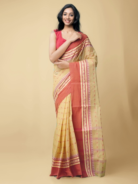 

Unnati Silks Women Beige & Red Pure Handloom Bengal Tant Cotton Sustainable Saree