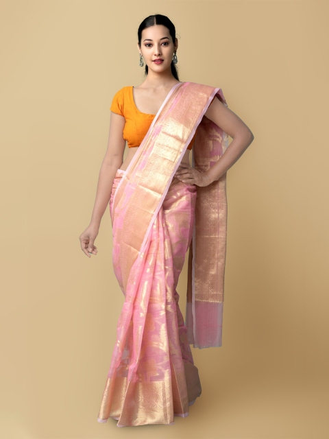 

Unnati Silks Pink & Gold-Toned Woven Design Zari Silk Cotton Kota Saree