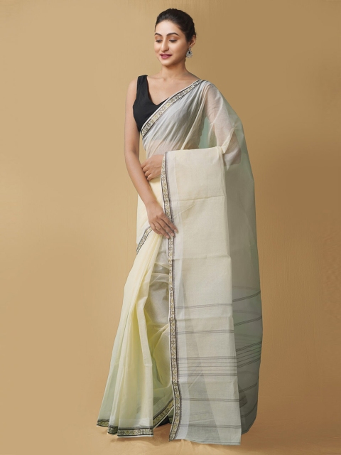 

Unnati Silks Women Cream-Coloured & Black Pure Handloom Bengal Tant Cotton Sustainable Saree