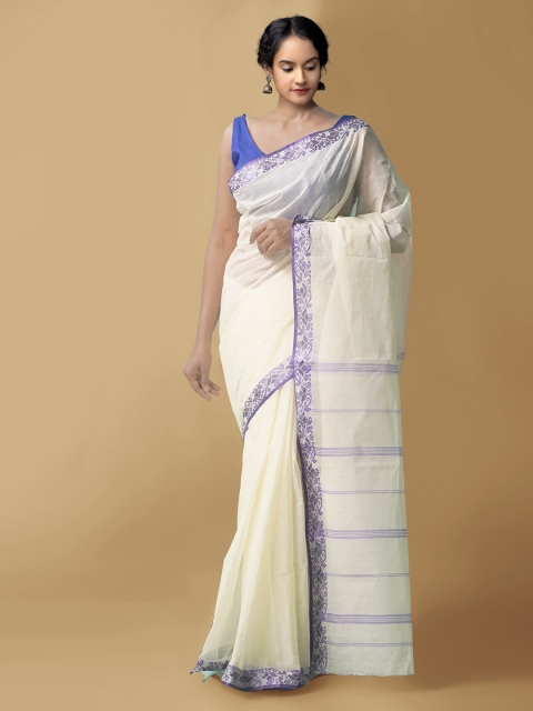 

Unnati Silks Cream-Coloured & Purple Woven Design Pure Cotton Taant Saree