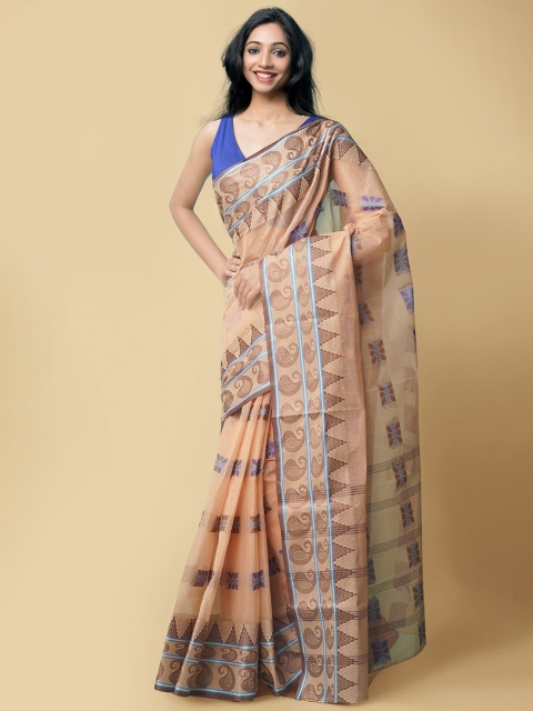 

Unnati Silks Brown & Blue Woven Design Pure Cotton Taant Saree