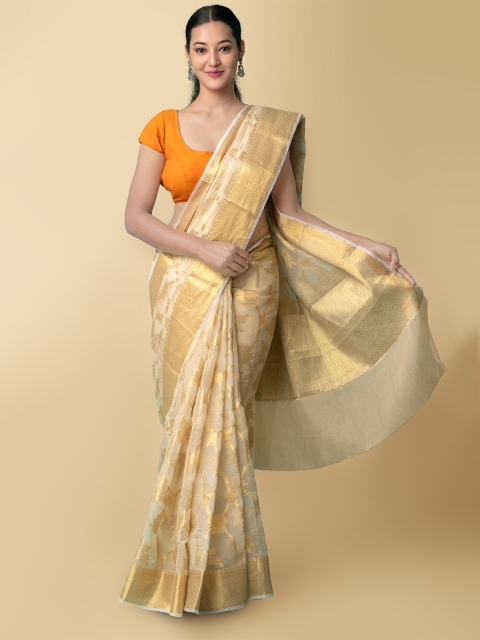 

Unnati Silks Women Cream-Coloured & Gold-Toned Pure Kota Banarasi Sustainable Saree