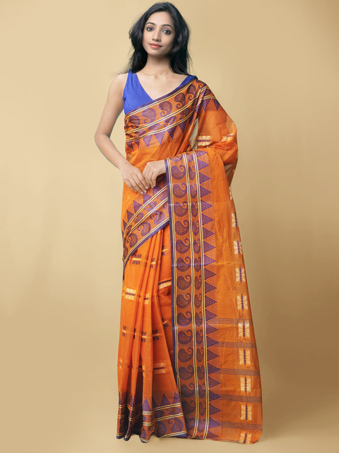 

Unnati Silks Women Orange Woven Design Pure Bengal Tant Cotton Saree