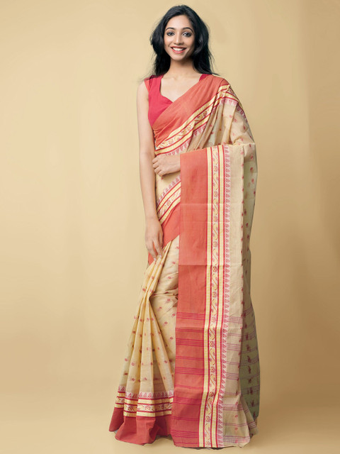 

Unnati Silks Beige & Red Ethnic Motifs Pure Cotton Taant Saree