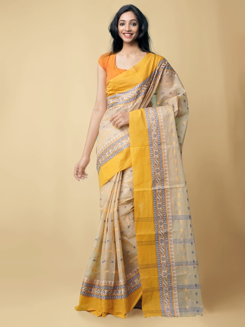 

Unnati Silks Beige & Yellow Ethnic Motifs Pure Cotton Taant Saree