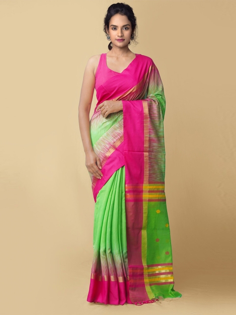 

Unnati Silks Green & Pink Woven Design Pure Linen Jamdani Saree