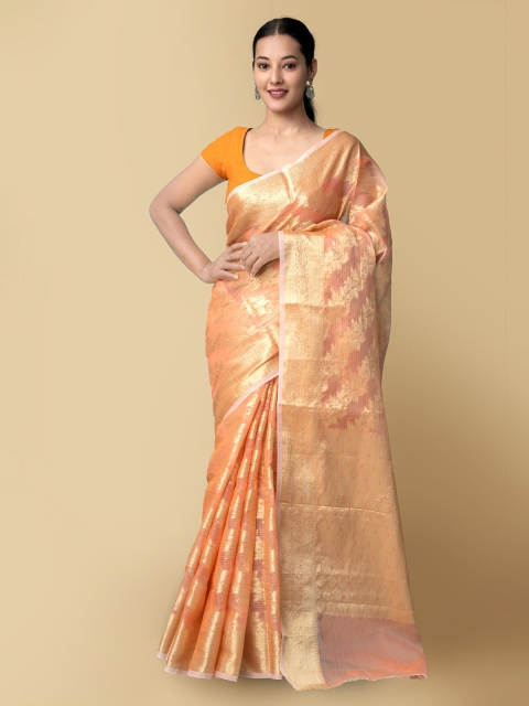 

Unnati Silks Women Peach-Coloured & Gold-Toned Pure Kota Banarasi Sustainable Saree