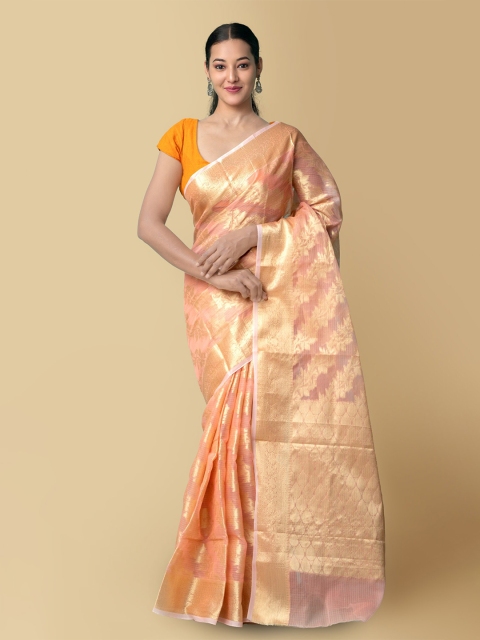 

Unnati Silks Women Peach-Coloured & Gold-Toned Pure Kota Banarasi Sustainable Saree